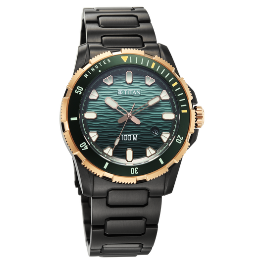 Titan Men's Zero Hour Diver's 100m Analog Watch Blue Dial With Black Stainless Steel Band, 10067KM02