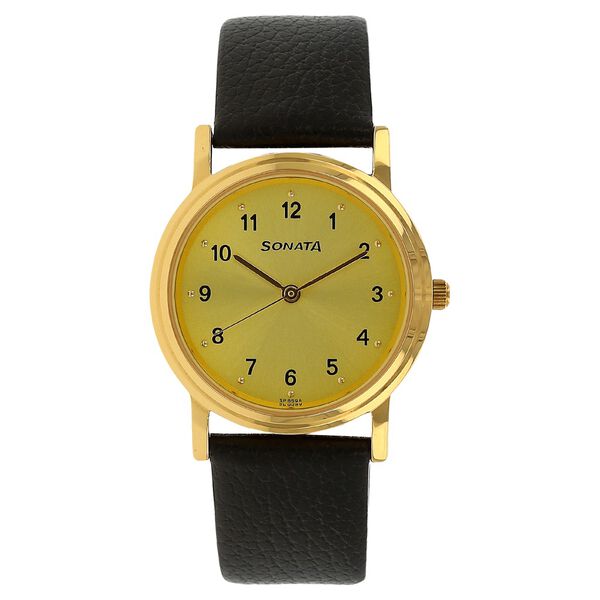 Sonata Men's Watch Analog Champagne Dial With Black Leather Strap, 1141YL01