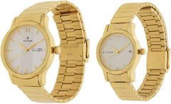 Titan Couple Watch Analog, Champagne Dial Gold Stainless Strap, 1580YM04P