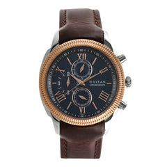 Titan Men's Watch Analog Blue Dial With Brown Leather Strap, 1489KL04