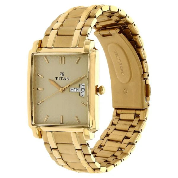 Titan Quartz Analog with Day and Date Men's Watch with Champagne Dial and Stainless Steel Strap, 1506YM02