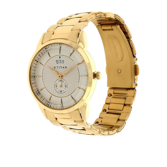 Titan Men's Watch Analog, Silver Dial Golden Stainless Steel Strap Watch, 1521YM01
