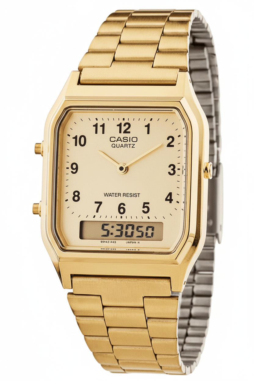 Casio Men's Watch Analog & Digital Combo, Gold Dial Gold Stainless Steel Strap, AQ-230GA-9BMQD