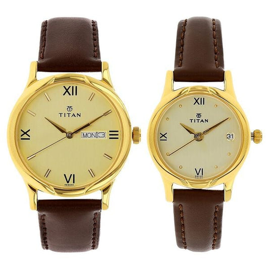 Titan Couple Watch Analog, Gold Dial with Brown Leather Strap, 1580YL05P