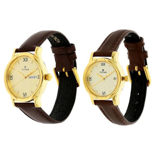 Titan Couple Watch Analog, Gold Dial with Brown Leather Strap, 1580YL05P