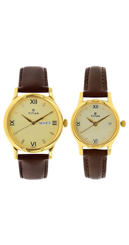 Titan Couple Watch Analog, Gold Dial with Brown Leather Strap, 1580YL05P