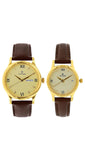 Titan Couple Watch Analog, Gold Dial with Brown Leather Strap, 1580YL05P