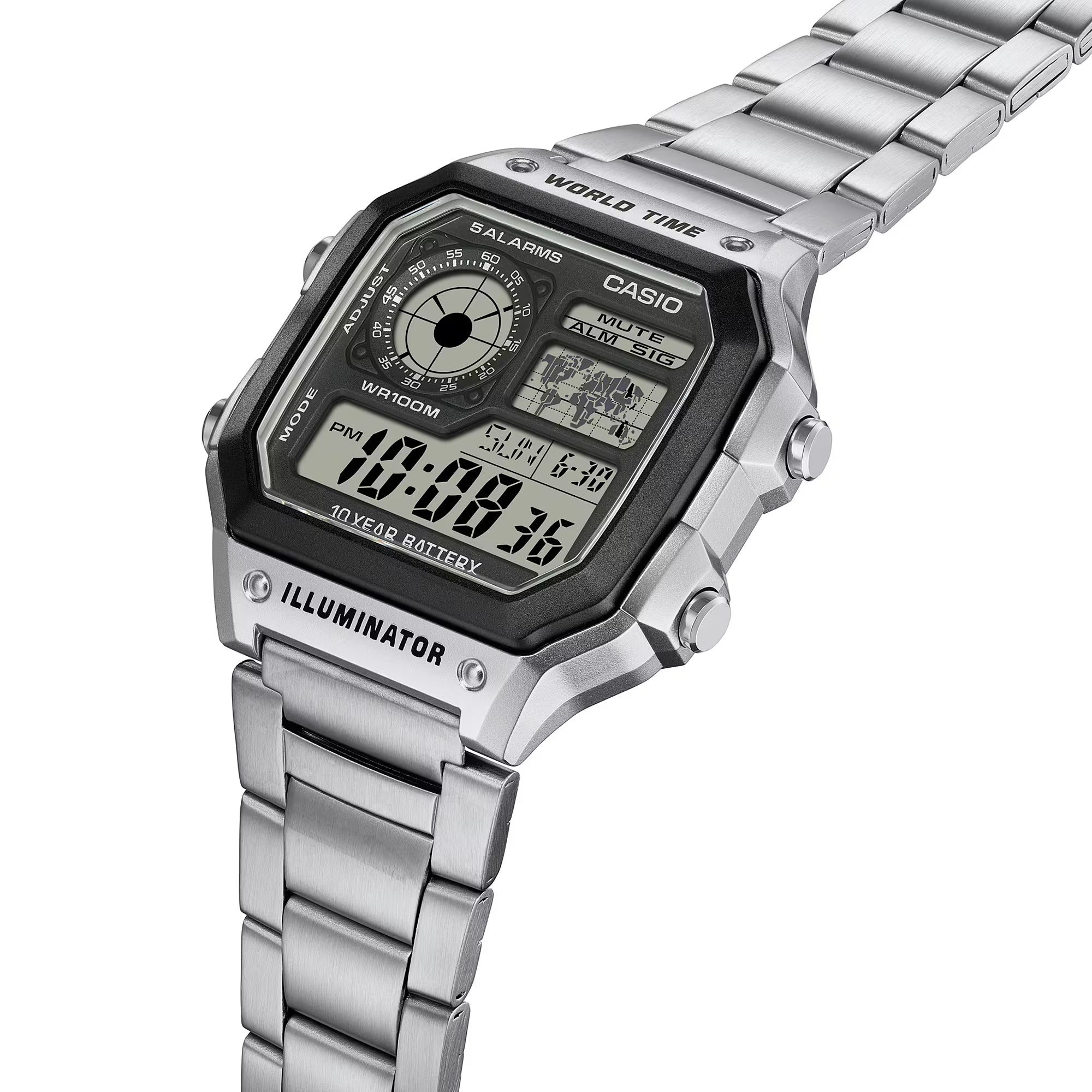 Casio Men's Watch Digital, Black Dial Silver Stainless Steel Strap, AE-1200WHD-1AVD