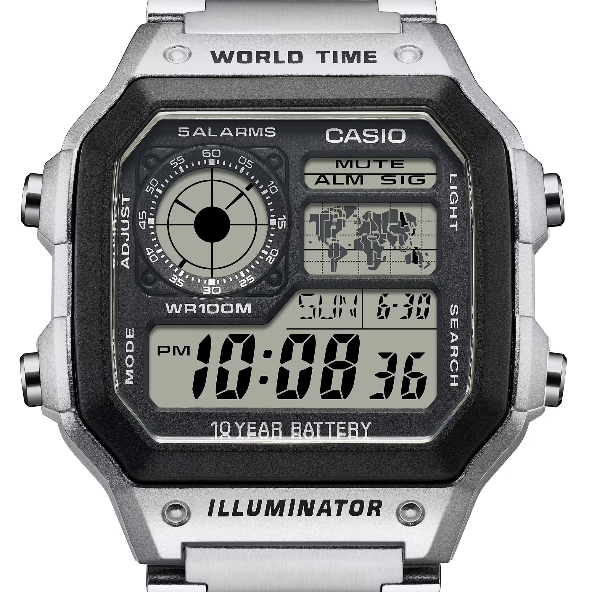 Casio Men's Watch Digital, Black Dial Silver Stainless Steel Strap, AE-1200WHD-1AVD