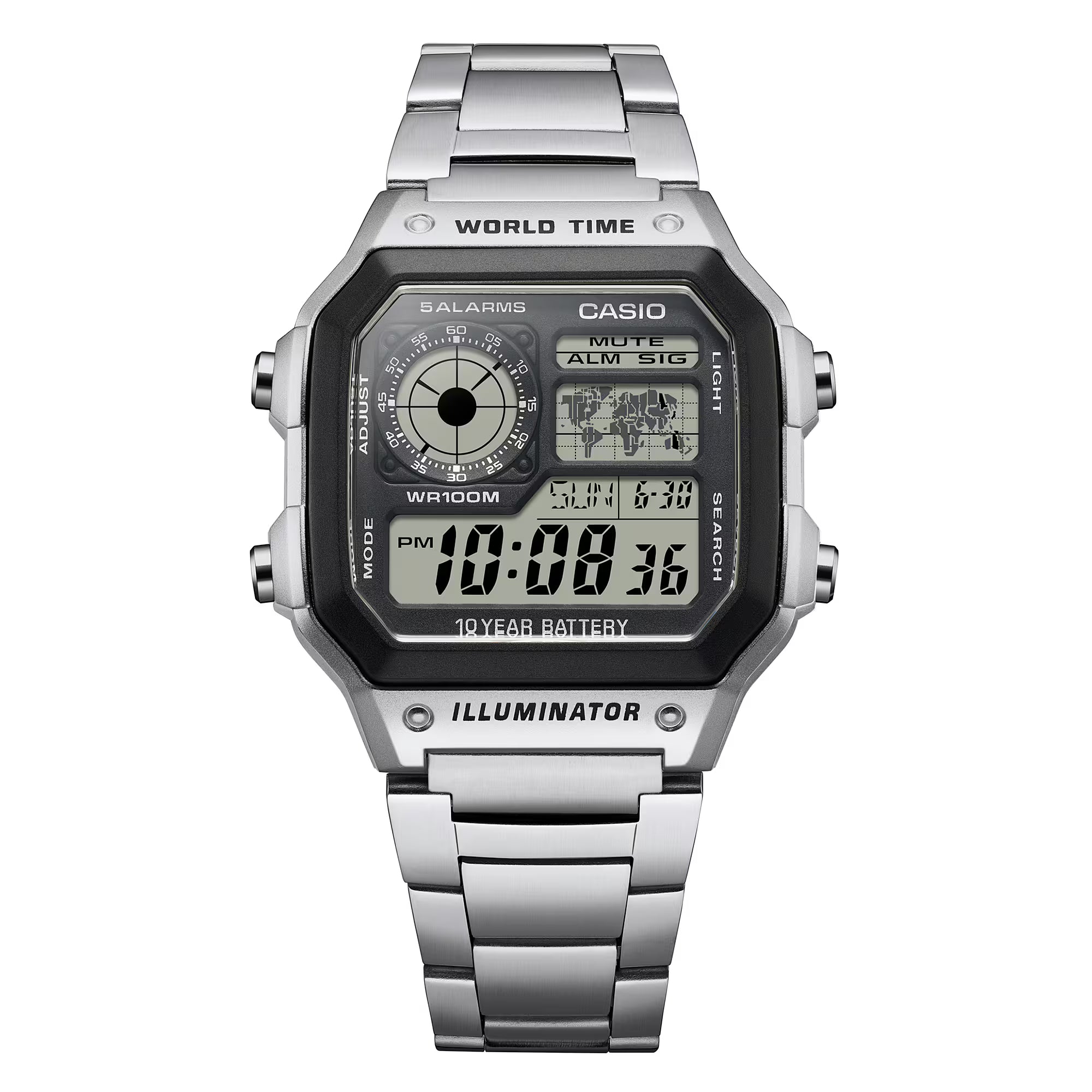 Casio Men's Watch Digital, Black Dial Silver Stainless Steel Strap, AE-1200WHD-1AVD