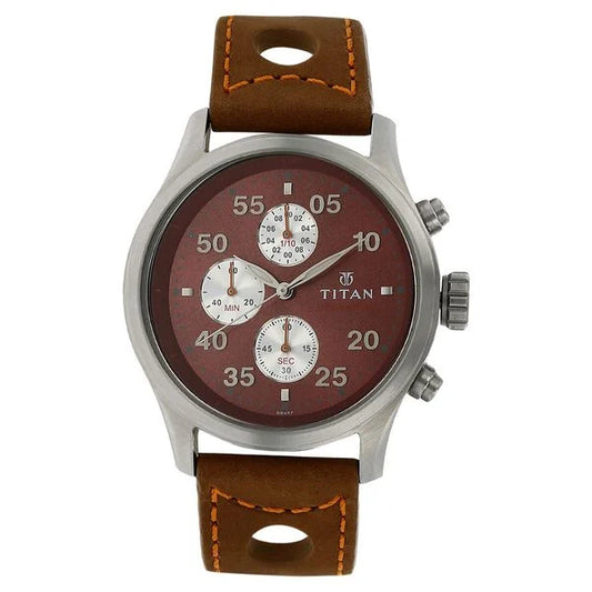 Titan, Men, Analog, Watch, Maroon Dial, Leather Strap, 1634SL03