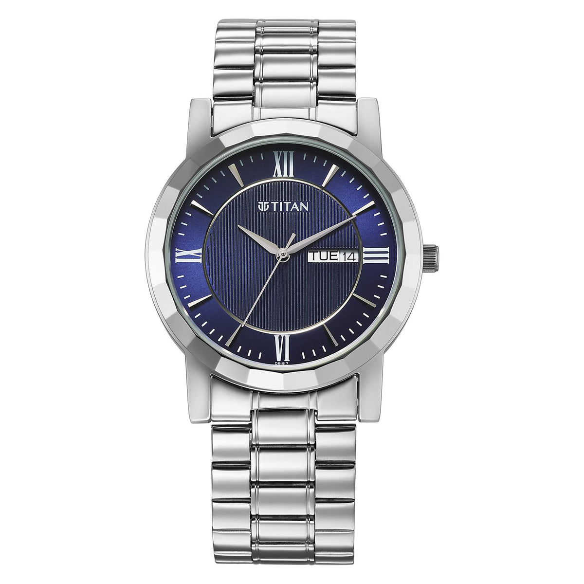 Titan men analog watch, blue dial with day and date display with blue dial and silver stainless steel strap, model TI-1644SM01, Bahrain