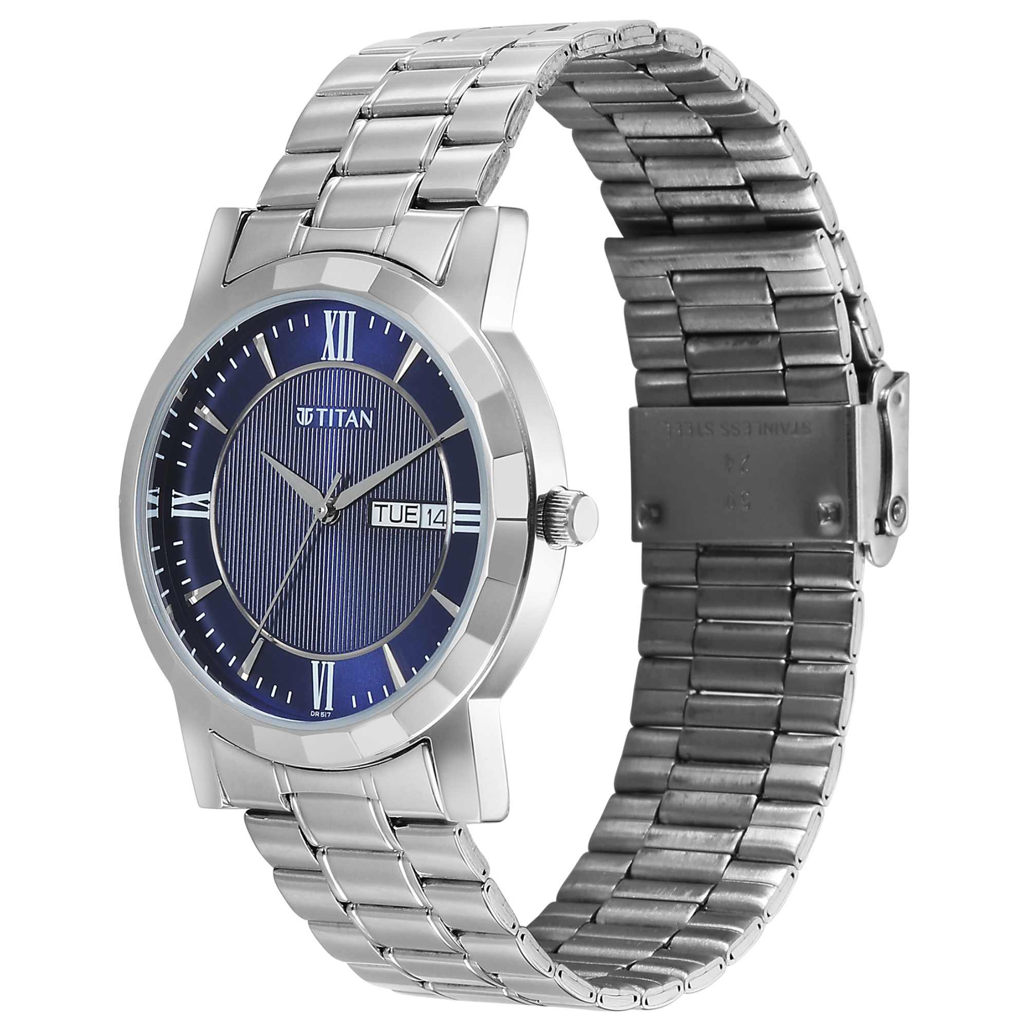 Titan Analog Men's Watch With Day and Date Display with Blue dial and Silver Stainless Steel Strap, 1644SM01