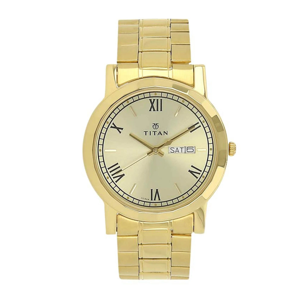 Titan Quartz Analog Men's Watch with Day and Date Champagne Dial Stainless Steel Strap, 1644YM03