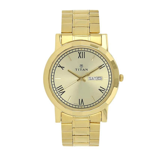Titan Quartz Analog Men's Watch with Day and Date Champagne Dial Stainless Steel Strap, 1644YM03