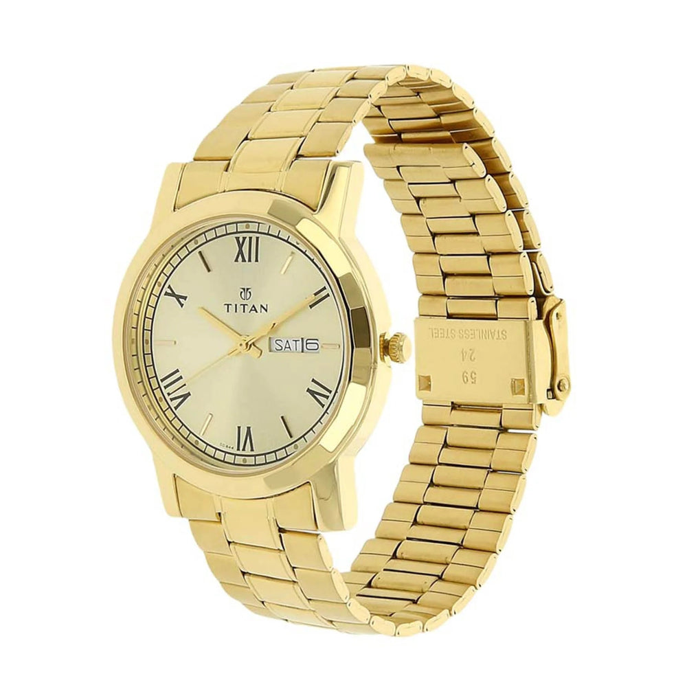 Titan Quartz Analog Men's Watch with Day and Date Champagne Dial Stainless Steel Strap, 1644YM03