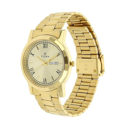 Titan Quartz Analog Men's Watch with Day and Date Champagne Dial Stainless Steel Strap, 1644YM03