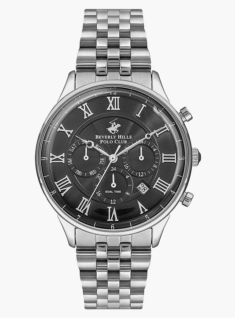 Beverly Hills Polo Club Men's Multifunction Watch Analog Black Dial With Silver Metal Strap, BP3237X.350