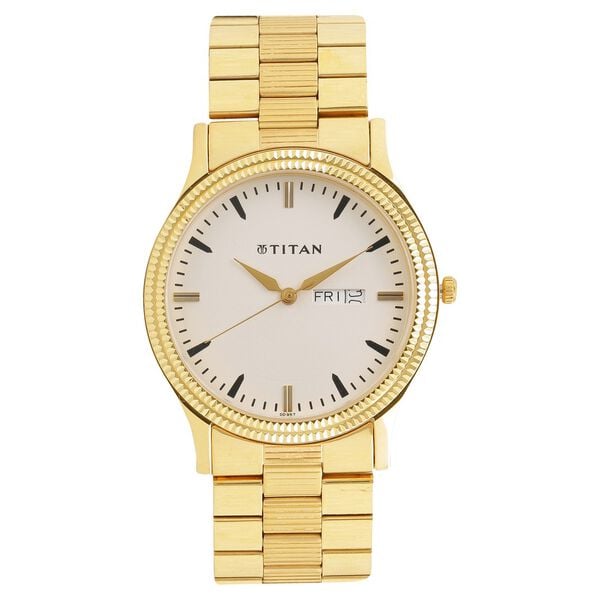 Titan Karishma Men's Watch Analog White Dial with Gold Stainless Steel Band, 1650YM03