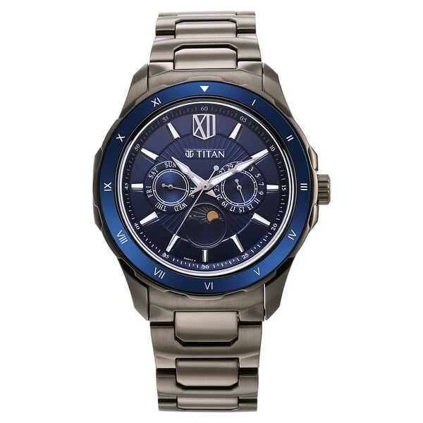 Titan Regalia Premium Multifunctional Men's Watch with Blue Dial and Stainless Steel Strap,1688KM07