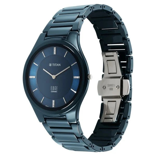 Titan Edge Ceramic Men's Watch Analog Atlantic Blue Dial with Blue Ceramic Band, 1696QC09
