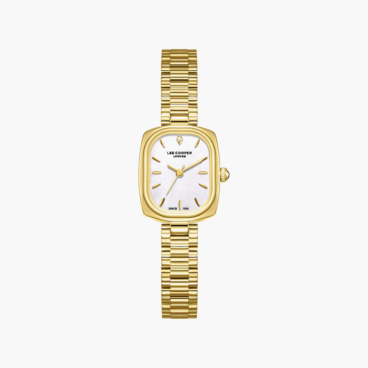 Lee Cooper Women's Analog Watch with White Mother Of Pearl Dial and Gold Stainless Steel Band, LC08347.120