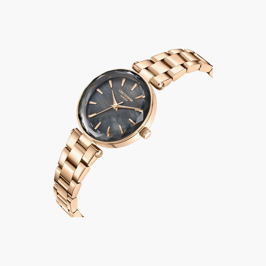 Lee Cooper Women's Analog Watch with Gun Mother Of Pearl Dial and Rose Gold Stainless Steel Band, LC08365.460
