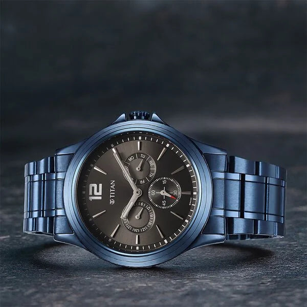 Titan Men's Multifunction Watch Analog Anthracite Dial With Blue Stainless Steel Band, 1698QM01