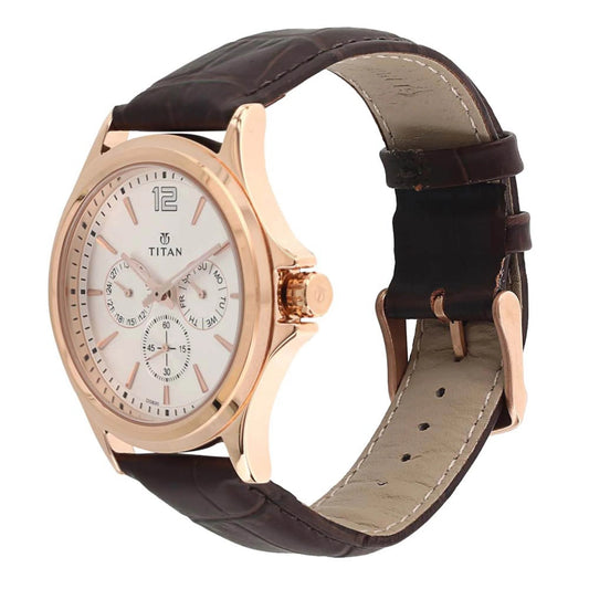 Titan Men's Watch Classique Collection Analog, White Dial Brown Leather Strap, 1698WL01