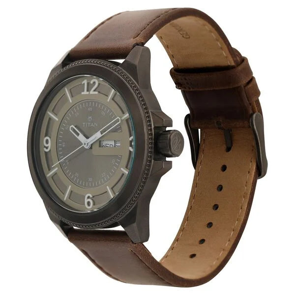Titan Men's Watch Analog Grey Dial With Brown Leather Strap, 1701QL04