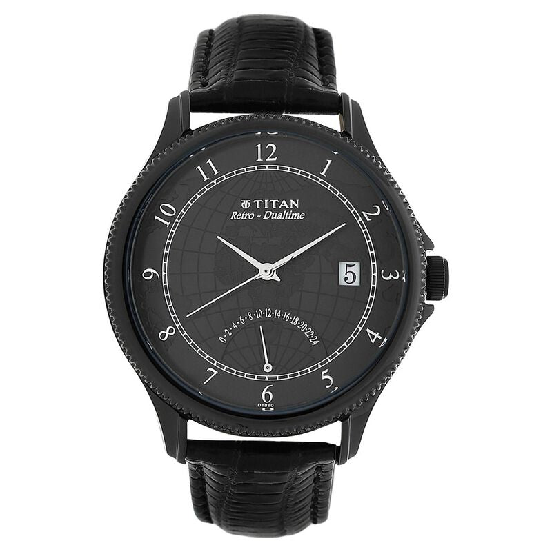 Titan Globe Trotter Men's Watch Analog Black Dial With Black Leather Strap, 1704NL01