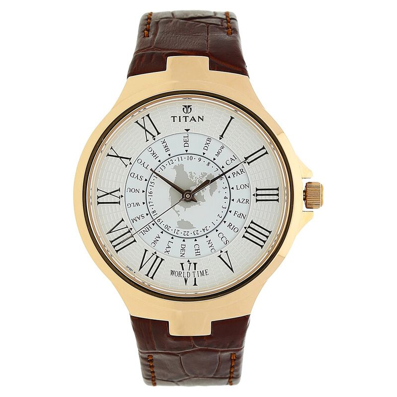 Titan Globe Trotter Men's Watch Analog Silver Dial With Brown Leather Strap, 1706WL01