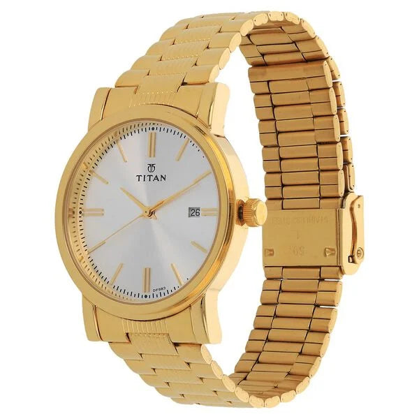 Titan Quartz Analog Men's Watch with Date display and Silver Dial with Golden Stainless Steel Strap,1712YM02