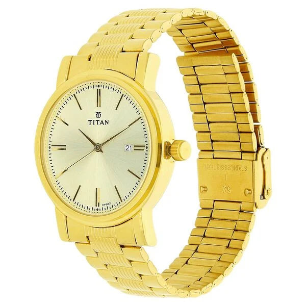 Titan Men's Watch Analog Champagne Dial with Gold Stainless Steel Band, 1712YM03