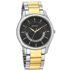 Titan Men's Watch Black Dial Silver & Gold Stainless Steel Strap Watch, 1713BM02
