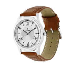 Titan  Men's Watch Silver Dial Brown Leather Strap Watch, 1735SL01