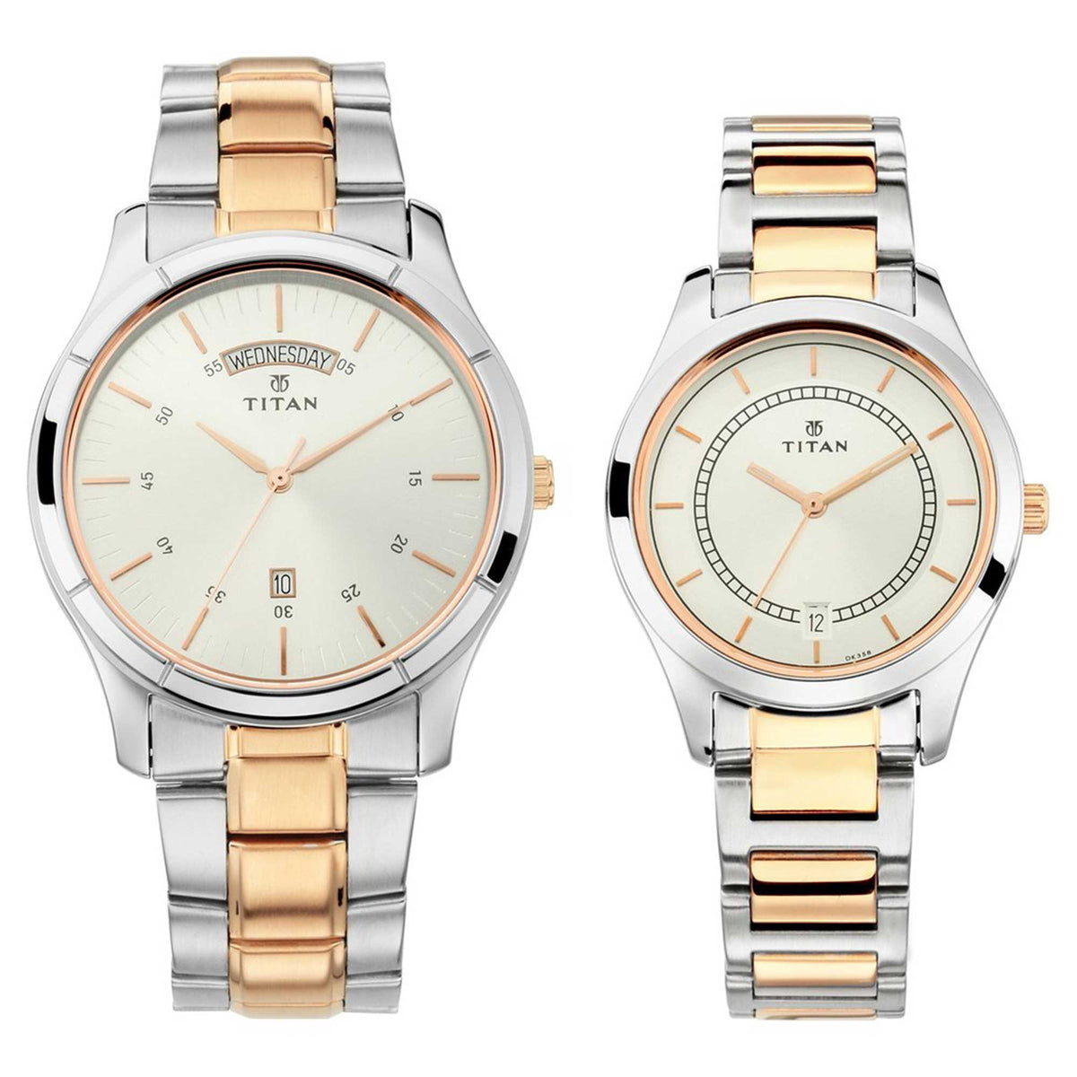 Titan, Couple's Watch Classique Collection Analog, White Dial Silver & Gold Stainless Band 1767KM01P