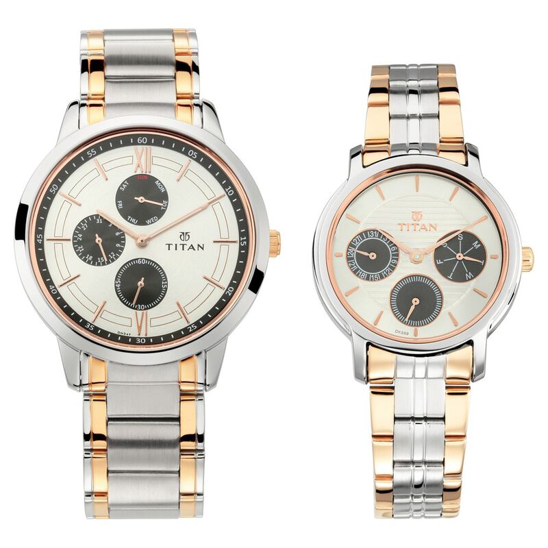 Titan Couple's Watch Classique Collection Analog, Silver Dial Silver & Gold Stainless Strap, 1769KM01P