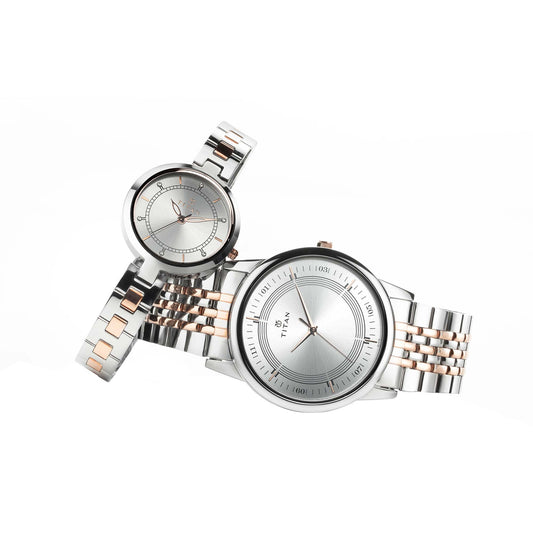 Titan Couple's Watch Classique Collection Analog, Silver & White Dial Silver Stainless Strap, 1773KM01P