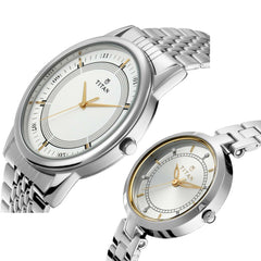 Titan Couple's Watch Classique Collection Analog, Silver & White Dial Silver Stainless Strap, 1773SM01P