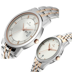 Titan Couple's Watch Classique Collection Analog, Silver Dial Silver & Gold Stainless Strap, 1774KM01P