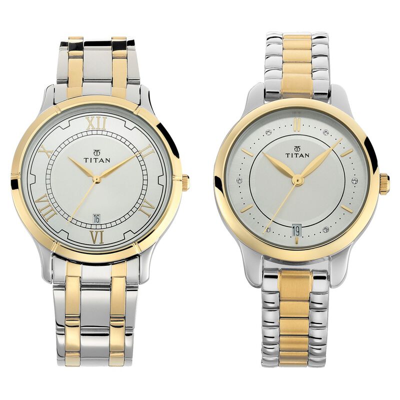 Titan Couple's Watch Classique Collection Analog, Silver Dial Silver & Gold Stainless Strap, 1775KM01P