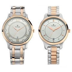 Titan Couple's Watch Classique Collection Analog, Silver Dial Silver & Rose-Gold Stainless Strap, 1775KM01P