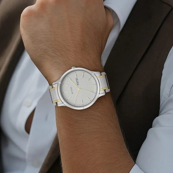 Titan Lagan Men's Watch Analog White Dial with Two-Toned Stainless Steel Band, 1775BM02