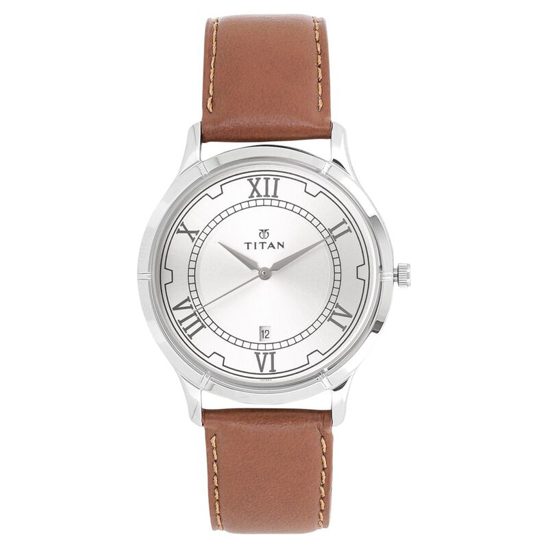 Titan Men's Watch Analog Silver Dial With Brown Leather Strap, 1775SL01