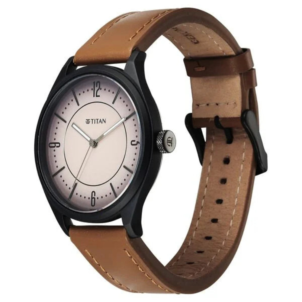 Titan Neo Basics Analog Men's Watch with Beige Dial and Brown Leather Strap,1802NL03