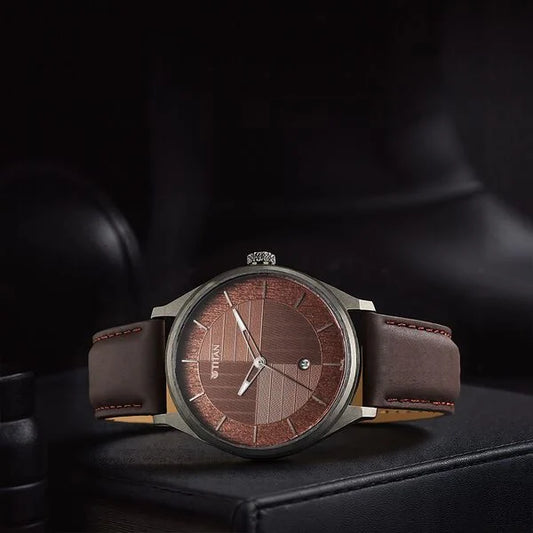 Titan, Men's, Analog Watch, Brown Dial, with Leather Band, TI-1802QL02