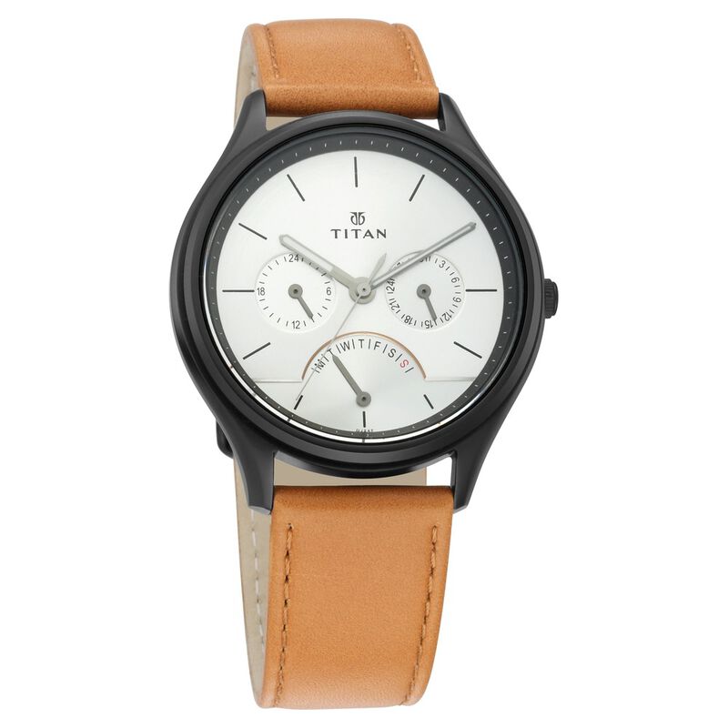 Titan Men's Multifunction Watch Analog Silver Dial With Brown Leather Strap, 1803NL01