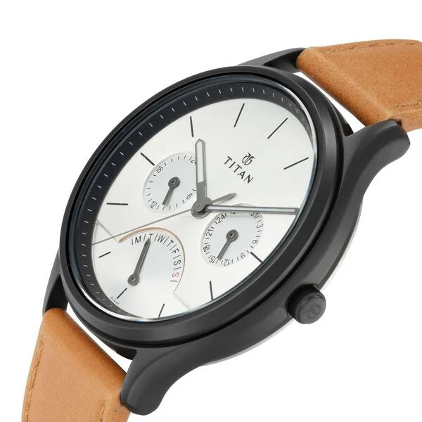Titan Men's Multifunction Watch Analog Silver Dial With Brown Leather Strap, 1803NL01