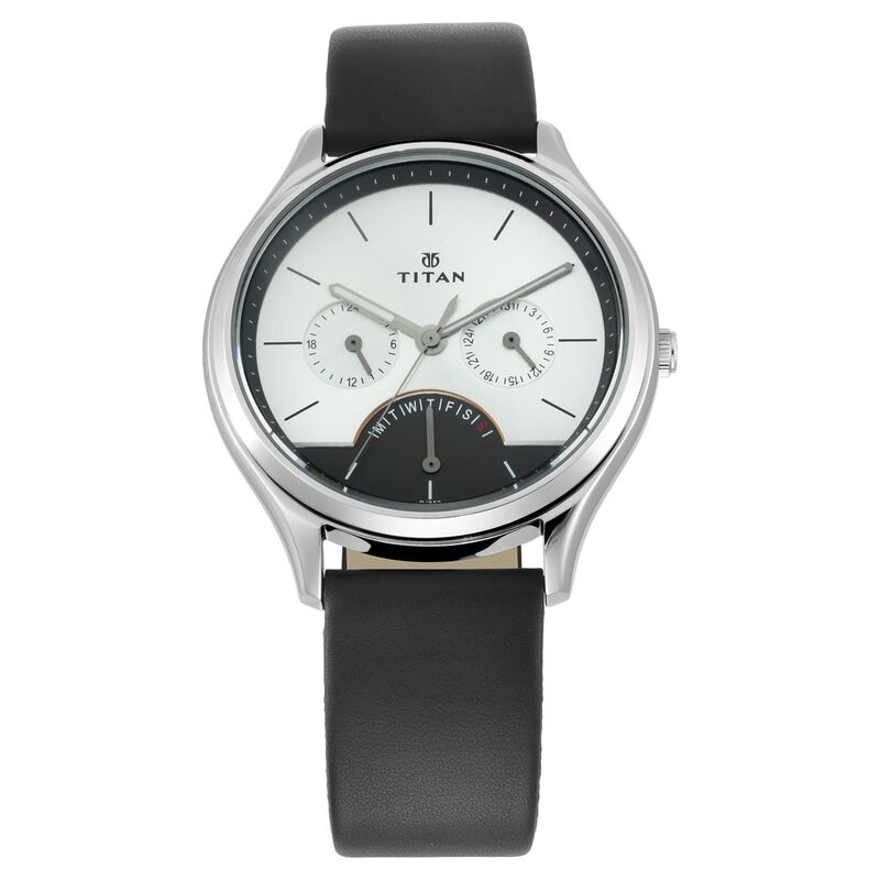 Titan Men's Multifunction Watch Silver Dial With Black Leather Strap, 1803SL01